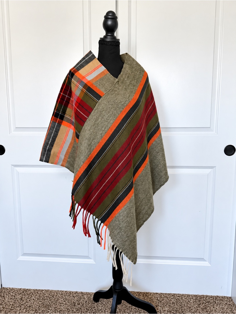Holiday Striped Throw in Olive, Red & Orange - Cozy Layering Wrap